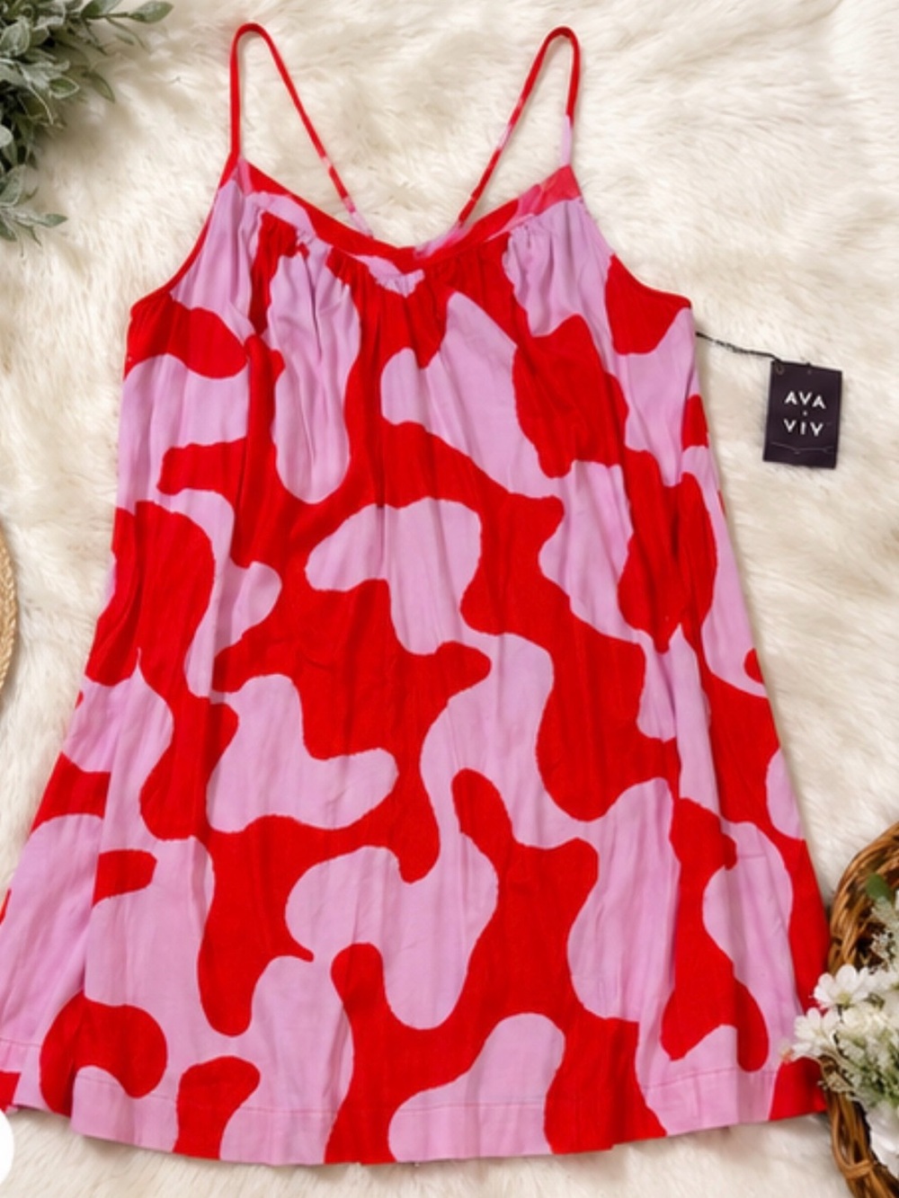 🩷 NWT Ava & Viv 1X Pink & Red Abstract Print Swing Dress | 100% Cotton